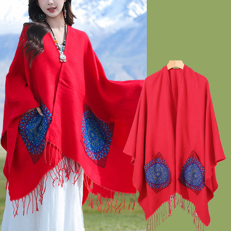 Mythstone Tibetan Geometric Round Mandala Pattern Tassels Shawl Fall Winter Cozy Scarf Wrap With Pockets