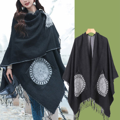 Mythstone Tibetan Geometric Round Mandala Pattern Tassels Shawl Fall Winter Cozy Scarf Wrap With Pockets