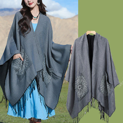 Mythstone Tibetan Geometric Round Mandala Pattern Tassels Shawl Fall Winter Cozy Scarf Wrap With Pockets