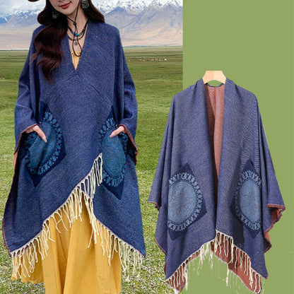 Mythstone Tibetan Geometric Round Mandala Pattern Tassels Shawl Fall Winter Cozy Scarf Wrap With Pockets