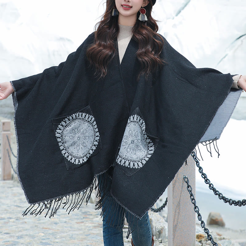 Mythstone Tibetan Geometric Round Mandala Pattern Tassels Shawl Fall Winter Cozy Scarf Wrap With Pockets