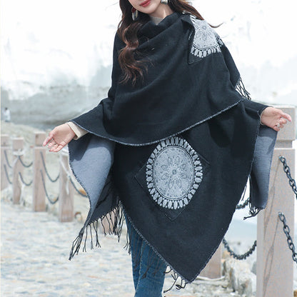 Mythstone Tibetan Geometric Round Mandala Pattern Tassels Shawl Fall Winter Cozy Scarf Wrap With Pockets