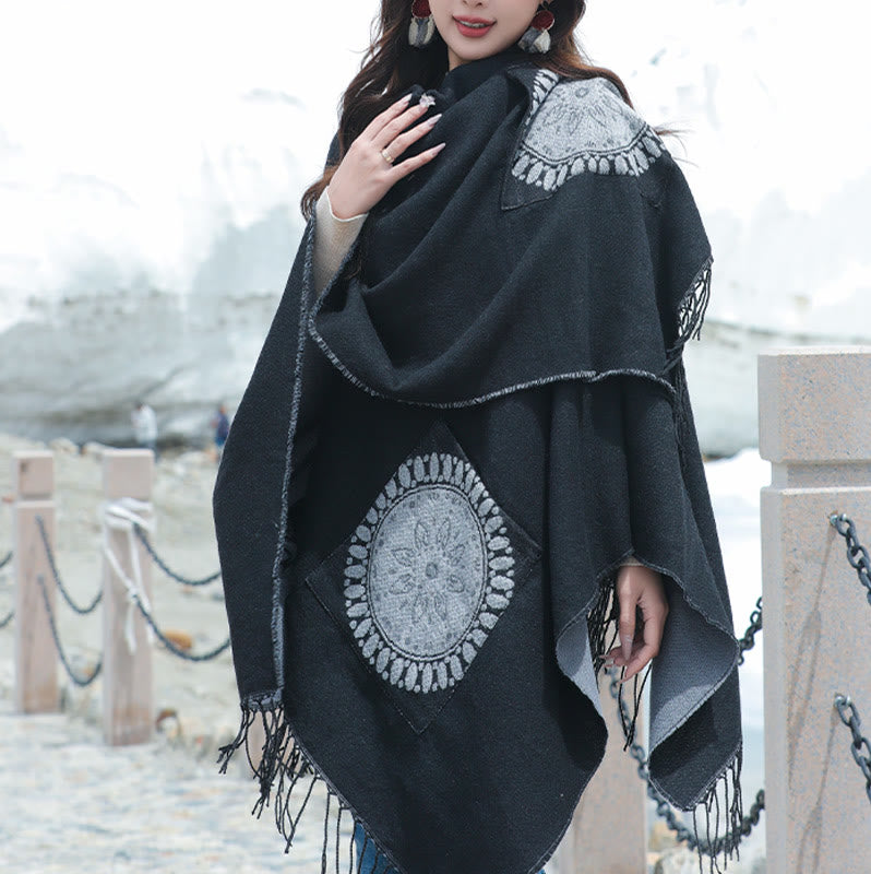 Mythstone Tibetan Geometric Round Mandala Pattern Tassels Shawl Fall Winter Cozy Scarf Wrap With Pockets