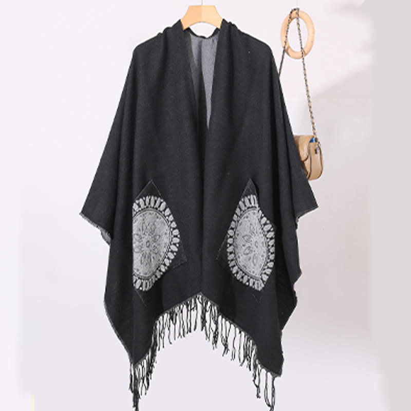 Mythstone Tibetan Geometric Round Mandala Pattern Tassels Shawl Fall Winter Cozy Scarf Wrap With Pockets