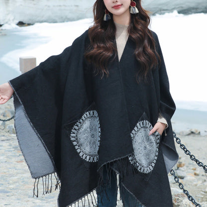 Mythstone Tibetan Geometric Round Mandala Pattern Tassels Shawl Fall Winter Cozy Scarf Wrap With Pockets