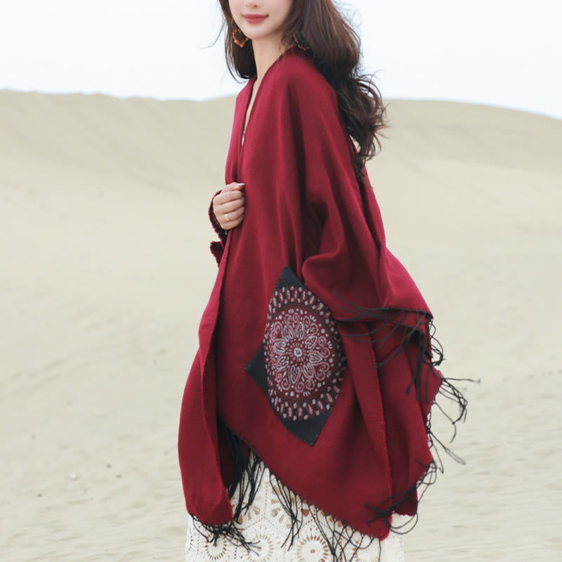 Mythstone Tibetan Geometric Round Mandala Pattern Tassels Shawl Fall Winter Cozy Scarf Wrap With Pockets