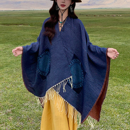 Mythstone Tibetan Geometric Round Mandala Pattern Tassels Shawl Fall Winter Cozy Scarf Wrap With Pockets