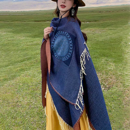 Mythstone Tibetan Geometric Round Mandala Pattern Tassels Shawl Fall Winter Cozy Scarf Wrap With Pockets