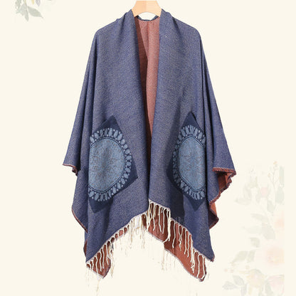 Mythstone Tibetan Geometric Round Mandala Pattern Tassels Shawl Fall Winter Cozy Scarf Wrap With Pockets