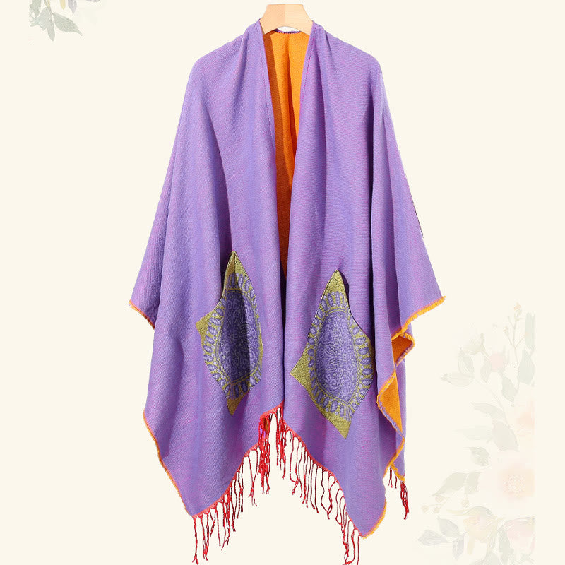 Mythstone Tibetan Geometric Round Mandala Pattern Tassels Shawl Fall Winter Cozy Scarf Wrap With Pockets