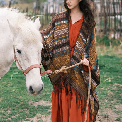 Chal acogedor para otoño e invierno con borlas y flores de rayas horizontales geométricas tibetanas de Mythstone