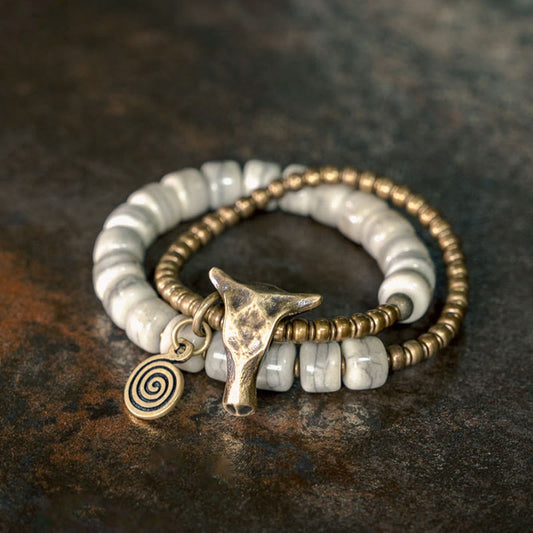 Mythstone White Yak Bone Copper Yak Head Double Wrap Balance Bracelet