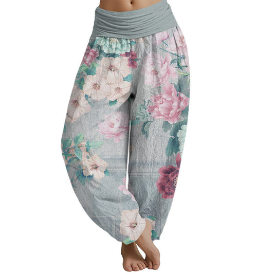 Mythstone Casual Peony Flower Women's Elastic Waist Harem Pants