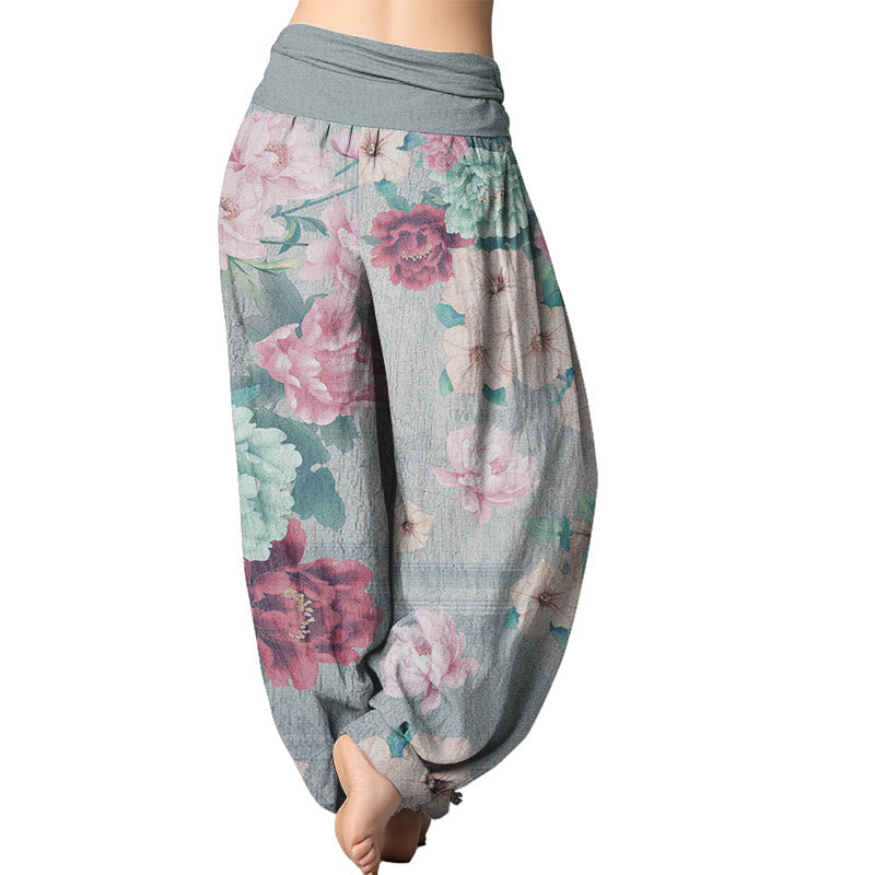 Mythstone Casual Peony Flower Women's Elastic Waist Harem Pants