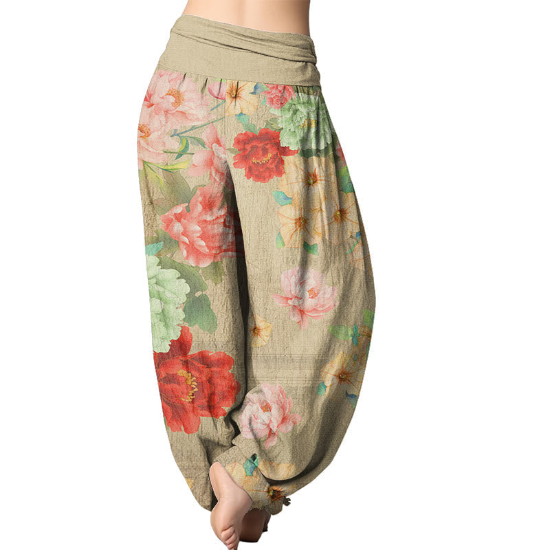 Mythstone Casual Peony Flower Women's Elastic Waist Harem Pants