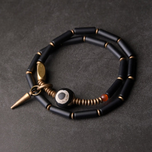 Mythstone Black Onyx Copper Dzi Bead Cone Pendant Double Wrap Protection Bracelet