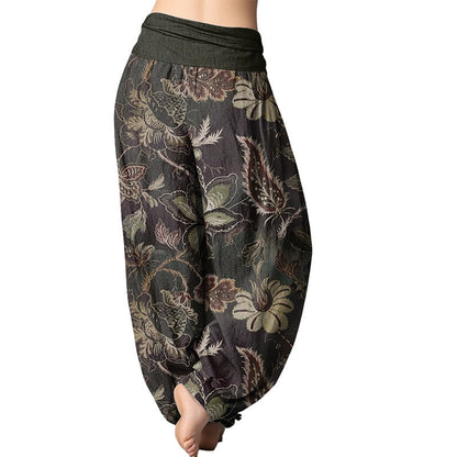 Pantalones harén con cintura elástica para mujer con estampado floral y hojas de Mythstone