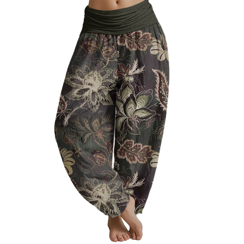 Pantalones harén con cintura elástica para mujer con estampado floral y hojas de Mythstone