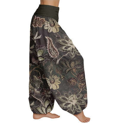 Pantalones harén con cintura elástica para mujer con estampado floral y hojas de Mythstone