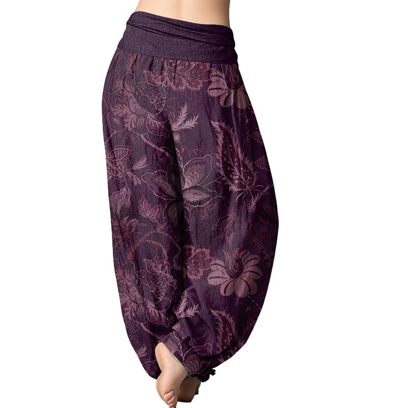 Pantalones harén con cintura elástica para mujer con estampado floral y hojas de Mythstone