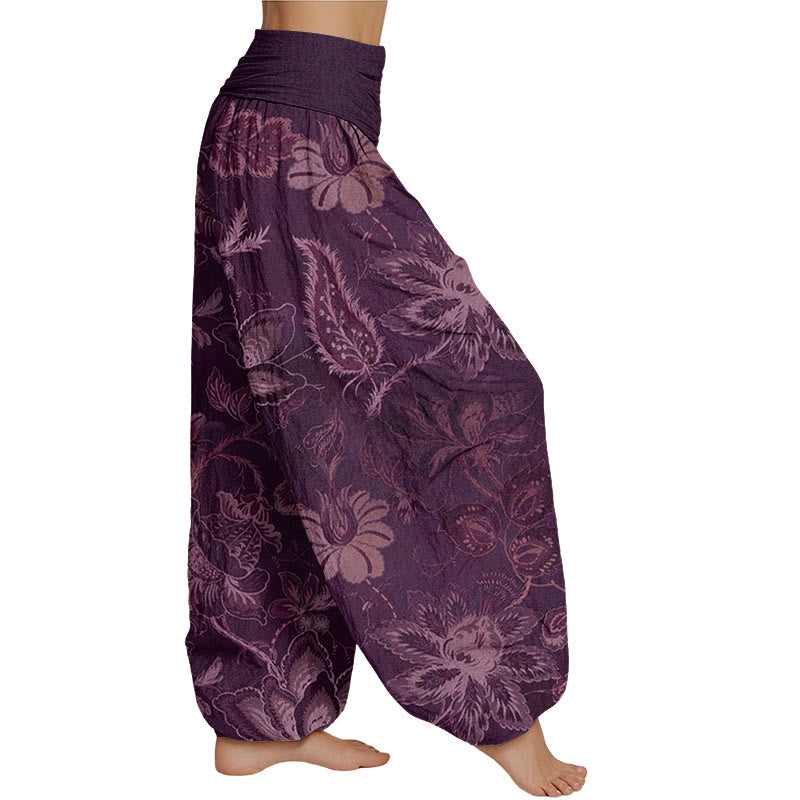 Pantalones harén con cintura elástica para mujer con estampado floral y hojas de Mythstone