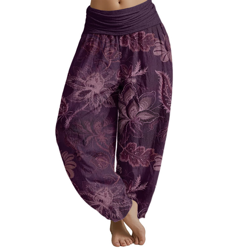 Pantalones harén con cintura elástica para mujer con estampado floral y hojas de Mythstone