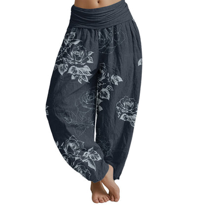 Pantalones harén con cintura elástica para mujer con flores de peonía rosa de Mythstone 