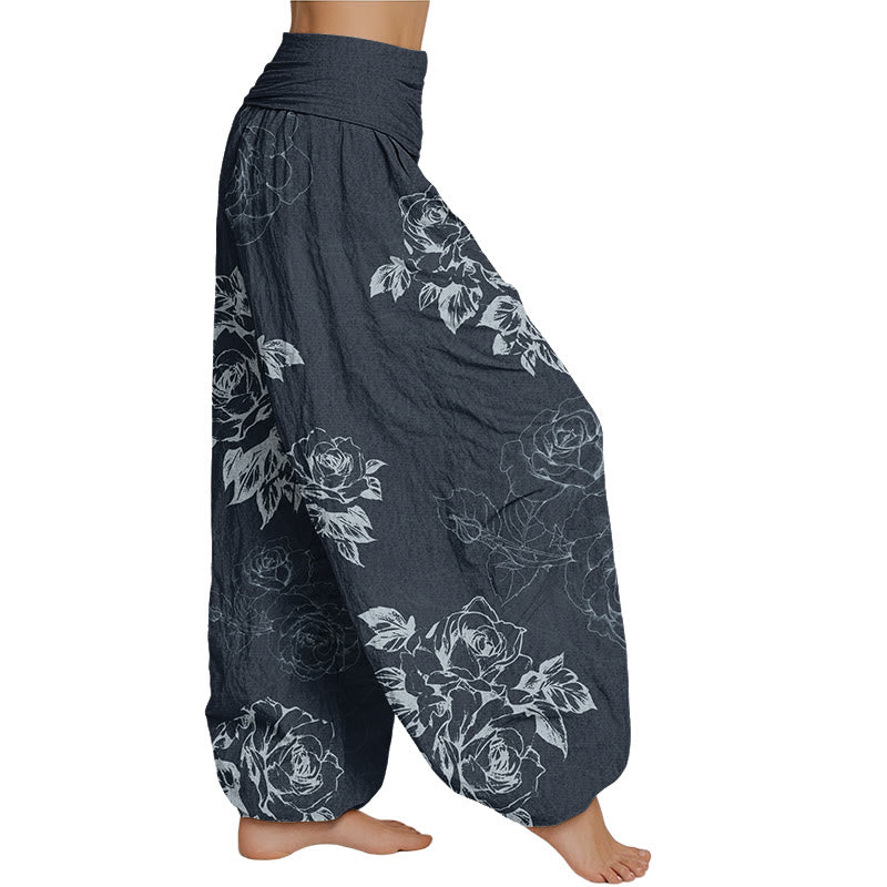 Pantalones harén con cintura elástica para mujer con flores de peonía rosa de Mythstone 