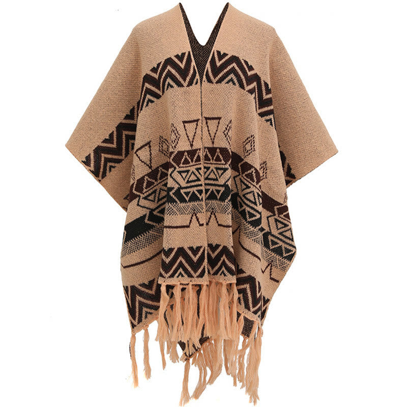 Mythstone Tibetan Wave Stripe Geometry Tassels Shawl Fall Winter Cozy Scarf Wrap