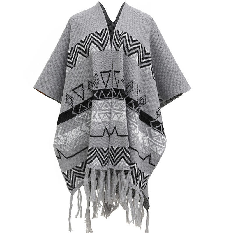 Mythstone Tibetan Wave Stripe Geometry Tassels Shawl Fall Winter Cozy Scarf Wrap