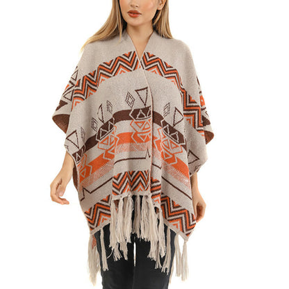 Mythstone Tibetan Wave Stripe Geometry Tassels Shawl Fall Winter Cozy Scarf Wrap