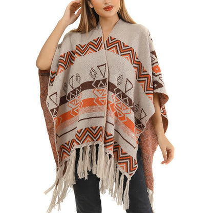 Mythstone Tibetan Wave Stripe Geometry Tassels Shawl Fall Winter Cozy Scarf Wrap