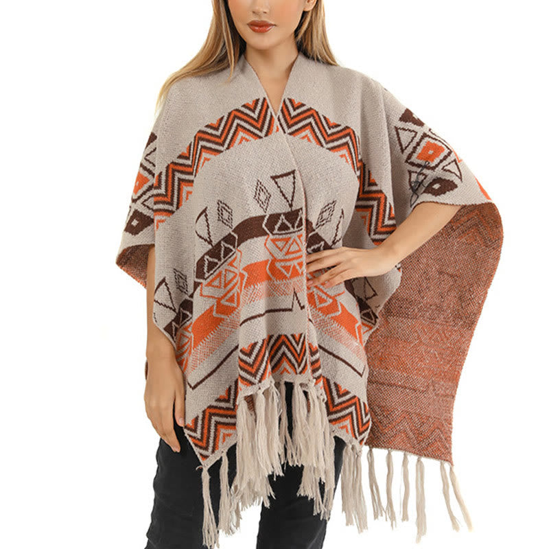 Mythstone Tibetan Wave Stripe Geometry Tassels Shawl Fall Winter Cozy Scarf Wrap