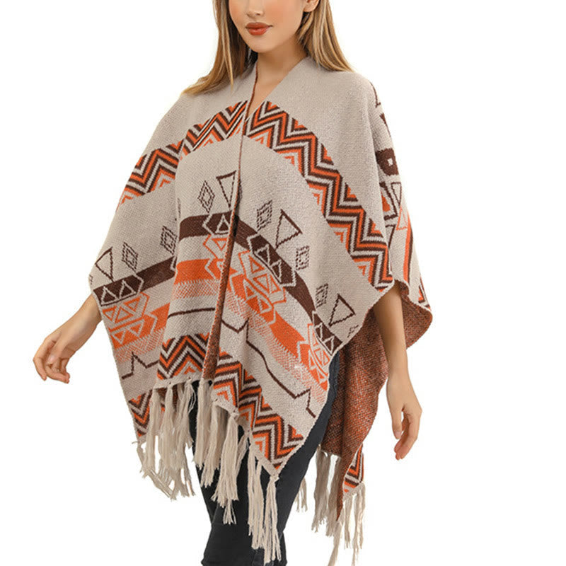 Mythstone Tibetan Wave Stripe Geometry Tassels Shawl Fall Winter Cozy Scarf Wrap