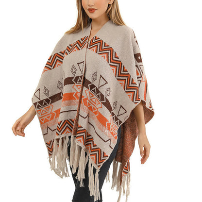 Mythstone Tibetan Wave Stripe Geometry Tassels Shawl Fall Winter Cozy Scarf Wrap