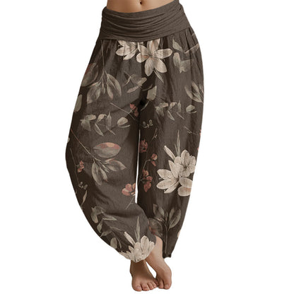 Pantalones harén con cintura elástica para mujer con estampado floral y hojas de Mythstone 