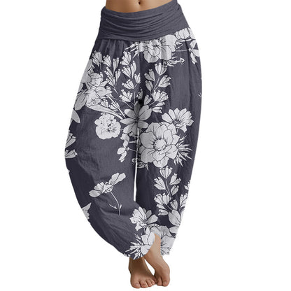 Mythstone Casual Peony Leaves Women's Elastic Waist Harem Pants