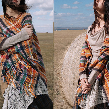 Mythstone Tibetan Colorful Stripe Geometry Tassels Shawl Fall Winter Soft Scarf Wrap