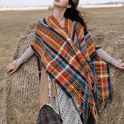 Mythstone Tibetan Colorful Stripe Geometry Tassels Shawl Fall Winter Soft Scarf Wrap