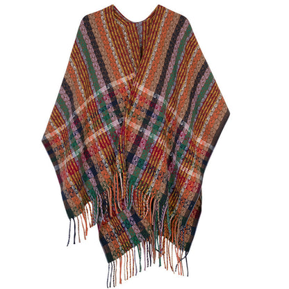 Mythstone Tibetan Colorful Stripe Geometry Tassels Shawl Fall Winter Soft Scarf Wrap