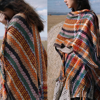 Mythstone Tibetan Colorful Stripe Geometry Tassels Shawl Fall Winter Soft Scarf Wrap