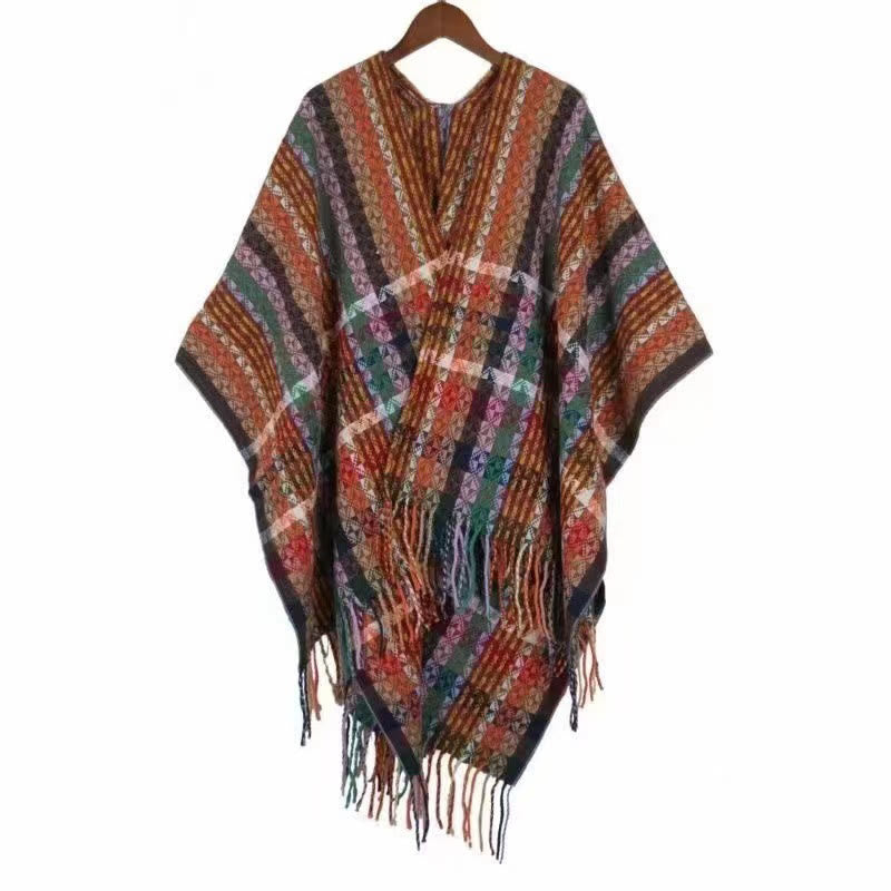 Mythstone Tibetan Colorful Stripe Geometry Tassels Shawl Fall Winter Soft Scarf Wrap