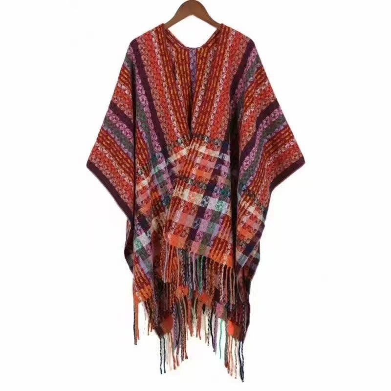 Mythstone Tibetan Colorful Stripe Geometry Tassels Shawl Fall Winter Soft Scarf Wrap