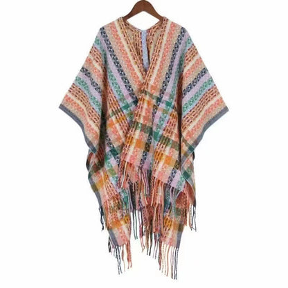 Mythstone Tibetan Colorful Stripe Geometry Tassels Shawl Fall Winter Soft Scarf Wrap