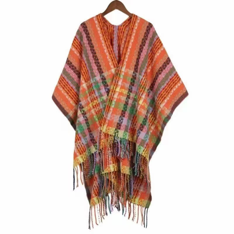 Mythstone Tibetan Colorful Stripe Geometry Tassels Shawl Fall Winter Soft Scarf Wrap