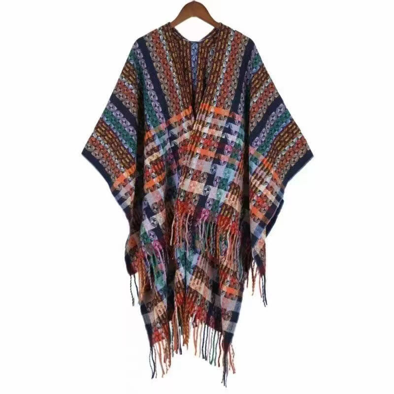 Mythstone Tibetan Colorful Stripe Geometry Tassels Shawl Fall Winter Soft Scarf Wrap