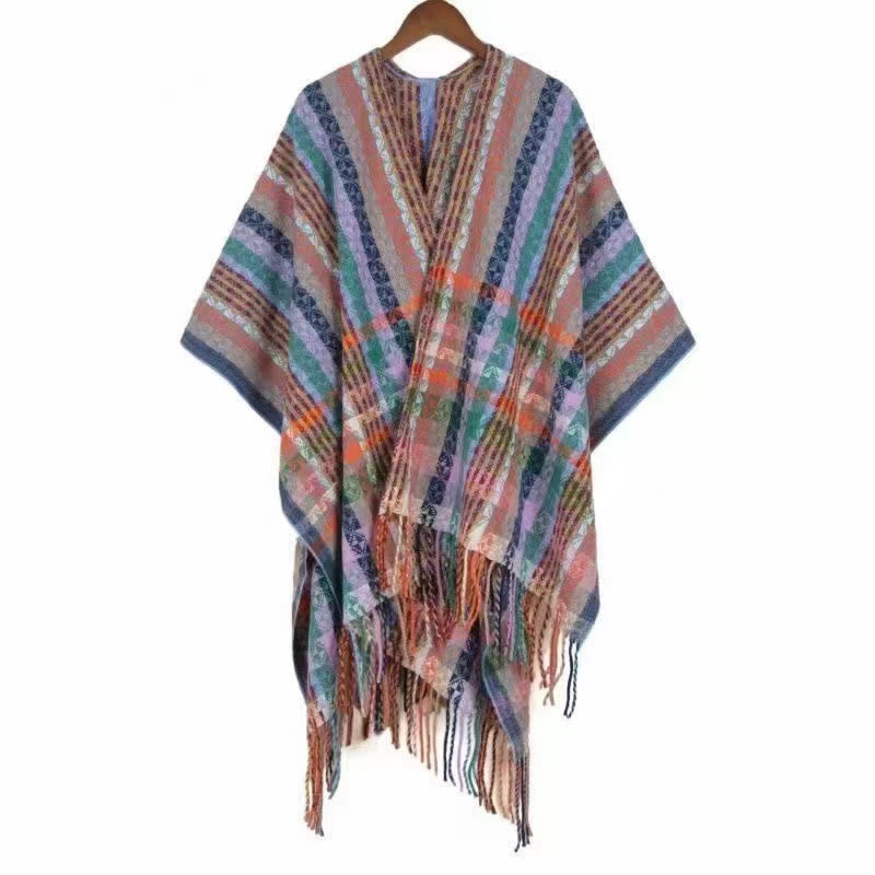 Mythstone Tibetan Colorful Stripe Geometry Tassels Shawl Fall Winter Soft Scarf Wrap