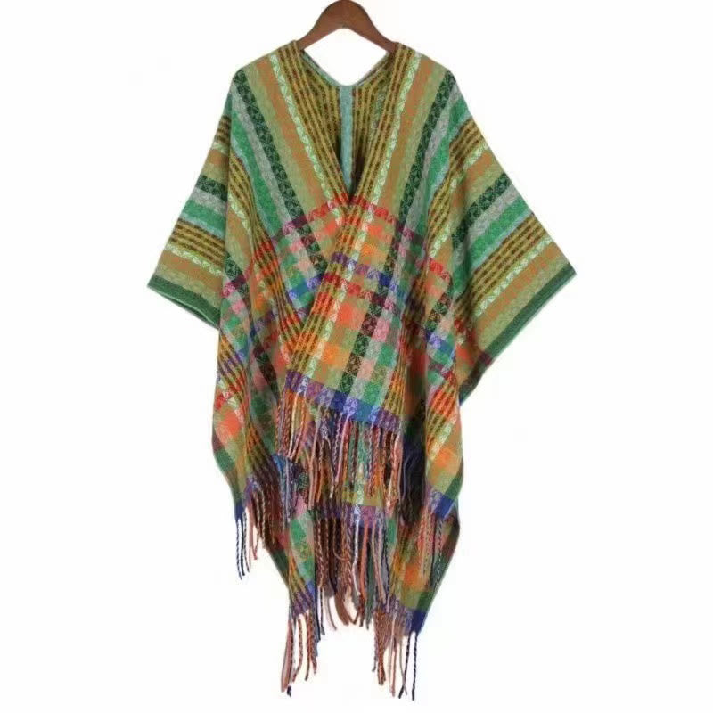 Mythstone Tibetan Colorful Stripe Geometry Tassels Shawl Fall Winter Soft Scarf Wrap