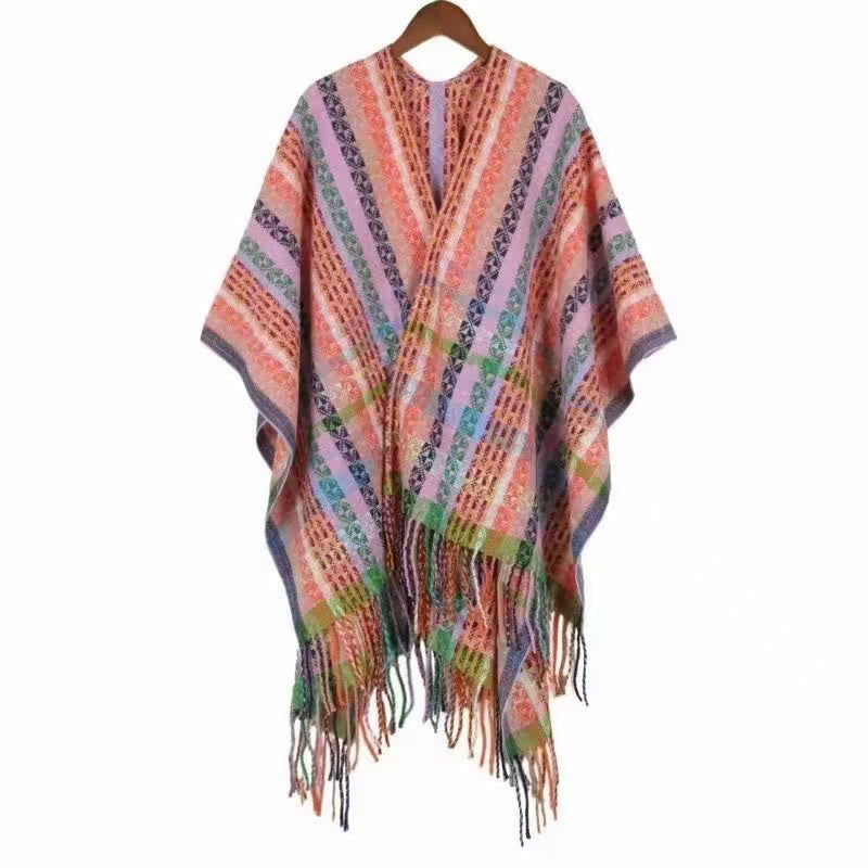 Mythstone Tibetan Colorful Stripe Geometry Tassels Shawl Fall Winter Soft Scarf Wrap