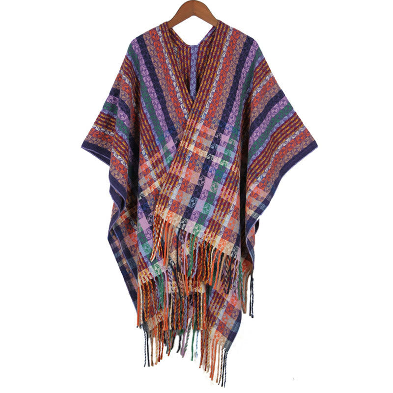 Mythstone Tibetan Colorful Stripe Geometry Tassels Shawl Fall Winter Soft Scarf Wrap